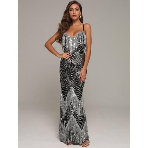2021 New Elegant Sequin Dress Tassel Design Sexy Spaghetti Strap V-neck Sleeveless Celebrity Party Club Maxi Dress