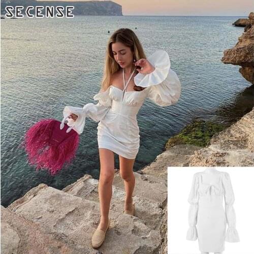 Dresses Sexy Women Autumn Slim Pull Sleeve Long Sleeve Square Collar Back Zipper Lace Up Mini Dress Solid Color Ladies Bodycon