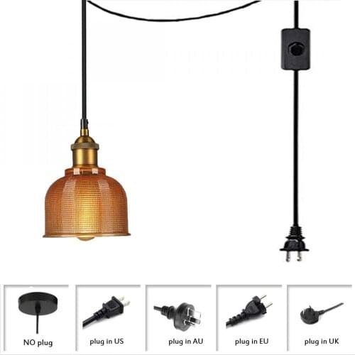 Plug-In Pendant Light with Hanging Cord and On/off Switch, Metal Lamp Holder Amber Frosted Glass Lampshade Plug In Pendant Light