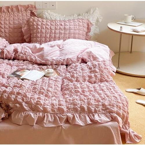 Luxury Princess Style Washed Cotton Fluffy Seersucker Fairy Bedding Set Ruffles Duvet Cover Quilt Cover Comforter Set Bed Linen