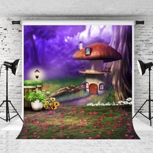 VinylBDS Fairy Tale Backgrounds Double Mushroom Houses Large Pots Flower Beds Forest Land Soft LK 1015