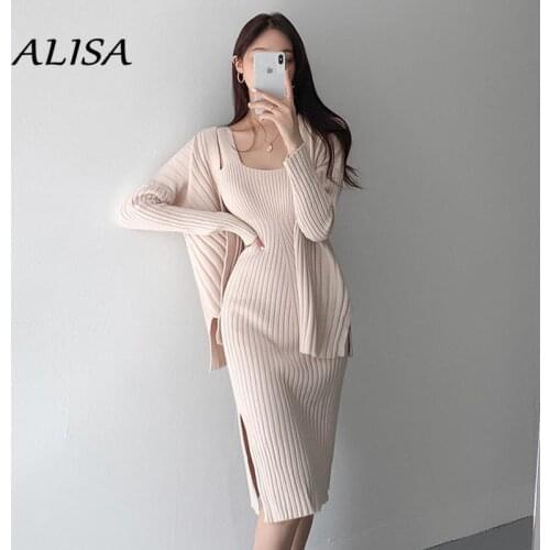 Women Two Piece Set Autumn Winter French Cardigan Sweater Jacket + Split Knit Strap Dress Sutis Woman Elegant Outfits Clothing