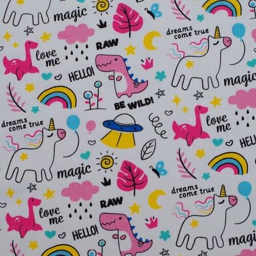 1 yard Cotton Twill Fabric for sewing pathwork, dress, cloth, bedding,Dinosaur,Rainbow,Leaf,Pink on white back(width=160cm)