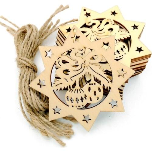 10pcs Wooden Embellishments with String Christmas Decoration Octagon Bells Party Decoration Christmas Pendant Ornaments