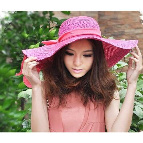 100pcs/lot summer women UV protection straw sun hat with bowknot Wide brim hat