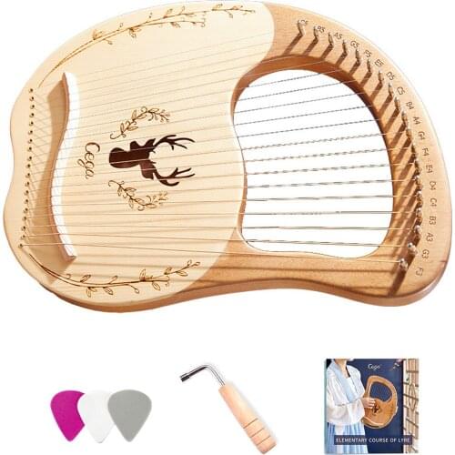 19-String Wooden Lyre Harp Resonance Box String Instrument with Tuning Wrench 3pcs Picks Sticker Extra Set of Strings