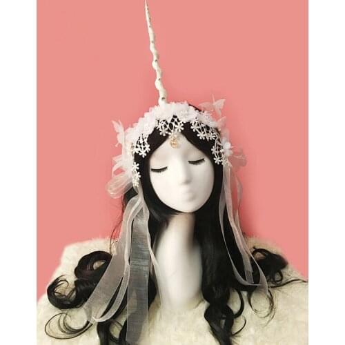 Free ship adult white lace embroidery beading veil unicorn hairband/headwear/dream fairy cosplay
