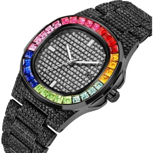 Luxury Watches for Men Luxury Hiphop Iced Out Watches Colorful Gold Black Color Rhinestone Quartz Wristwatch Relogio Masculino