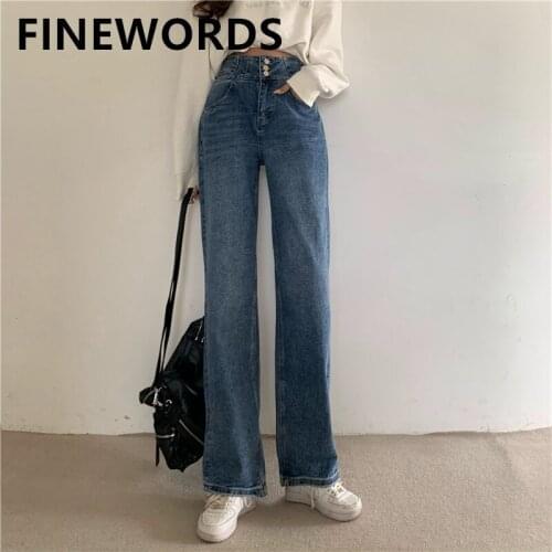 FINEWORDS 3 Button High Waist Korean Jeans Women Vintage Casual Streetwear Mom Jeans Loose 2021 Plus Size Wide Leg Denim Pants