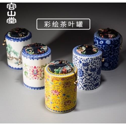 Ceramic tea pot RongShan hall large storage tank blue and white porcelain enamel puer tea storage sealed box and POTS