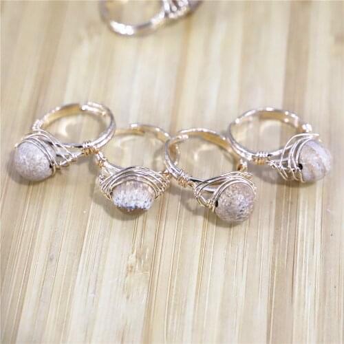 Wholesale 6pcs Natural Stone Agates Rings Spherical Natural Stone Winding Rings Open Semi-precious Stone Cute Rings