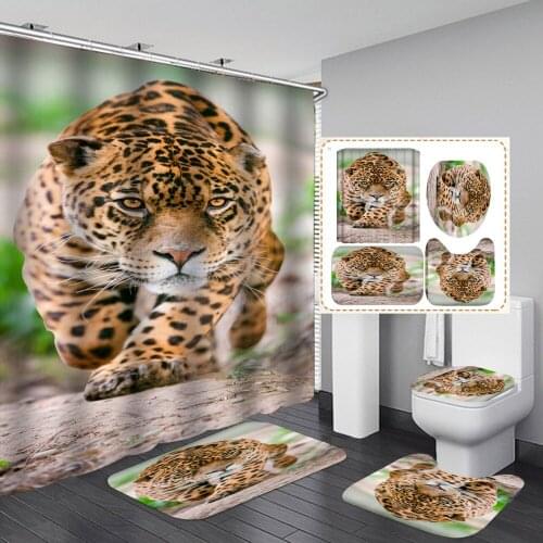 Leopard Animal Series Bathroom Non-slip Mat Sets Fabric Shower Curtain Set Bath Mats Rugs Bathtub Curtains with Hooks Home Decor