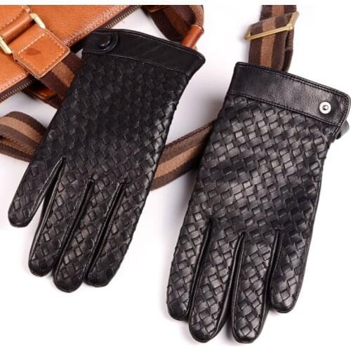 Mens High Quality Real Leather Gloves Winter Warm Fashion Hand Woven Button Gloves Winter Warm Driving Short Gloves