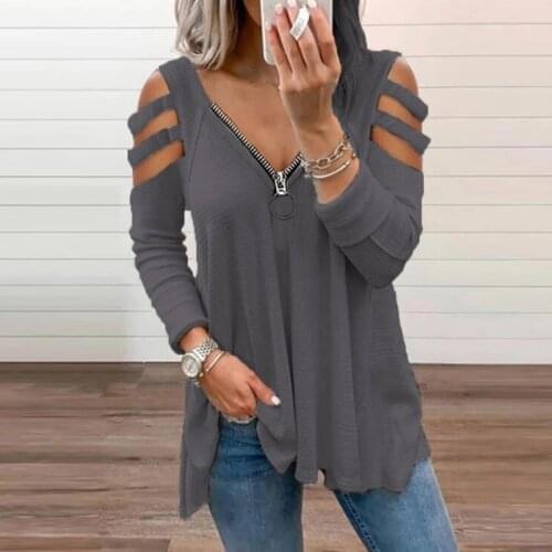 2021 Autumn Winter Long Sleeve Women Sexy Hollow Out V-Neck Zipper T Shirt Casual Loose Pullover Fashion Female Tops Streetwear