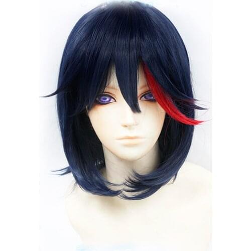 High Quality Anime KILL la KILL Matoi Ryuko Short Blue With Red Heat Resistant Hair Cosplay Costume Wig + Track + Wig Cap