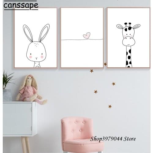 Nordic Baby Room Decoration Cartoon Animal Poster Pink Heart Canvas Art Giraffe Painting Rabbit Nursery Art Print Wall Pictures