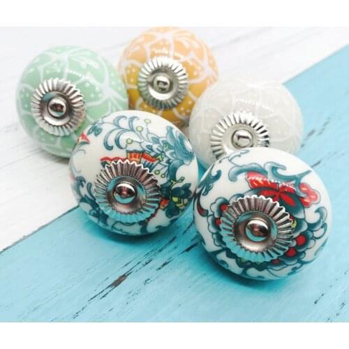 Rural Style Ceramic Door Handles Antique Leaf Flower Painted Knobs and Handles for Kitchen Cabinet Cupboards Concise Drawer Pull