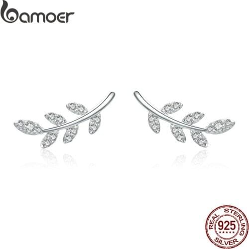 BAMOER Authentic 925 Sterling Silver Spring Leaf Leaves Clear CZ Zircon Stud Earrings for Women Fashion Earrings Jewelry BSE031