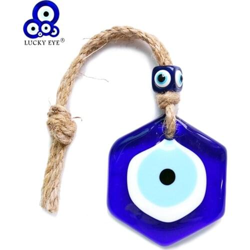Lucky Eye Hexagon Glass Turkish Evil Eye Bead Pendant Wall Hanging Decor Rope Chain Decoration for Home Living Room Car LE591