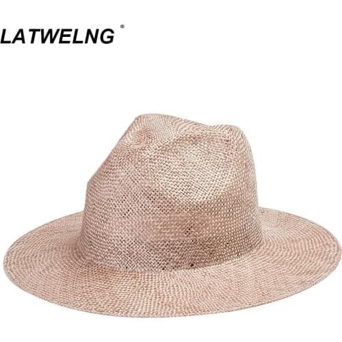 New Narrow Brim Hats For Women Sisal Jazz Hat Fashion Summer Headwear Ladies Pink Beach Hats UV Protection 57CM Head Wholesale