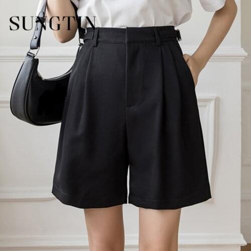 Sungtin Solid Straight Office Lady Wide Leg Shorts Women Casual High Waist Loose Suit Shorts Female Summer Fashion Shorts New OL