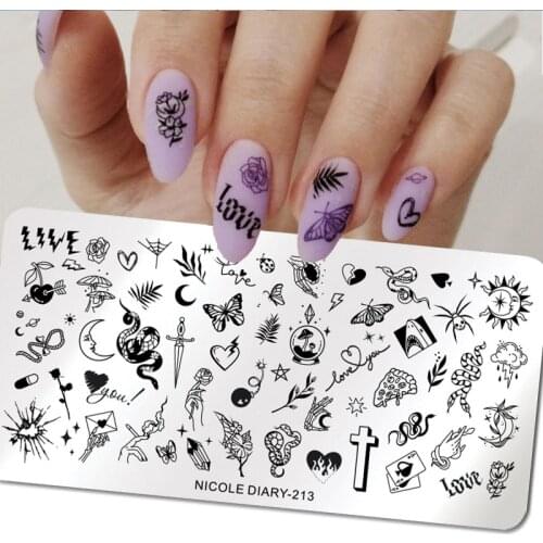 NICOLE DIARY Valentines Love Heart Nail Stamping Plates Snake Butterfly Design Stamp Stencil For Nail Leaf Flower Printing Mold