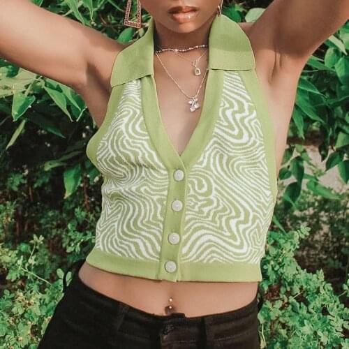 Y2K Green Paisley Halter Neck Knitted Sweater Vest Vintage Fashion Bodycon Cropped Autumn Sweaters Tops Button Up New