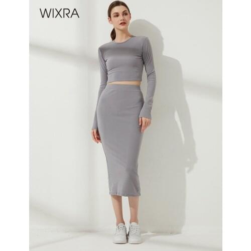 Wixra Womens Elegant Sets Slim Fit T Shirts Elastic Waist Mid Calf Skirts High Street Suits Spring Summer