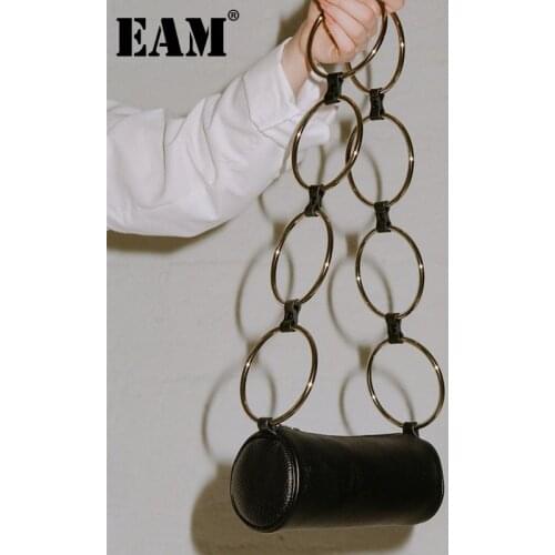 [EAM] Women New Metal Ring Bag Barrel-shaped PU Leather Personality All-match Crossbody Shoulder Bag Fashion Tide 2021 18A2748