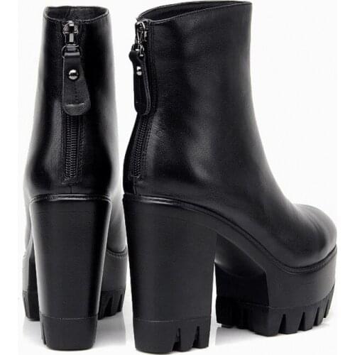 Genuine Leather Autumn Leather High Heel Womens Ankle Boots Roung Toe Back Zip Thick Bottom Fleece liner Female Platform Boots