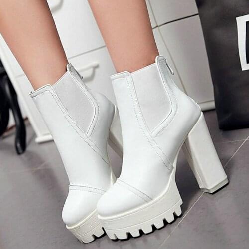 Platform Square High Heel Women Ankle Boots PU Leather Fashion Zipper Short Boots Autumn Winter Womans Shoes Black Red White