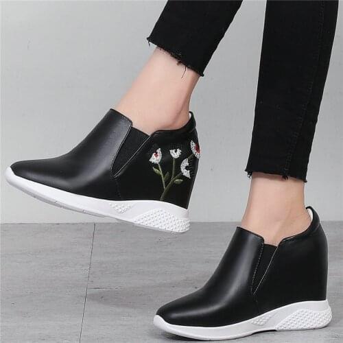 10cm Wedges High Heel Fashion Sneakers Women Cow Leather Ankle Boots Female Embroider Flower Platform Oxfords Shoes Casual Shoes