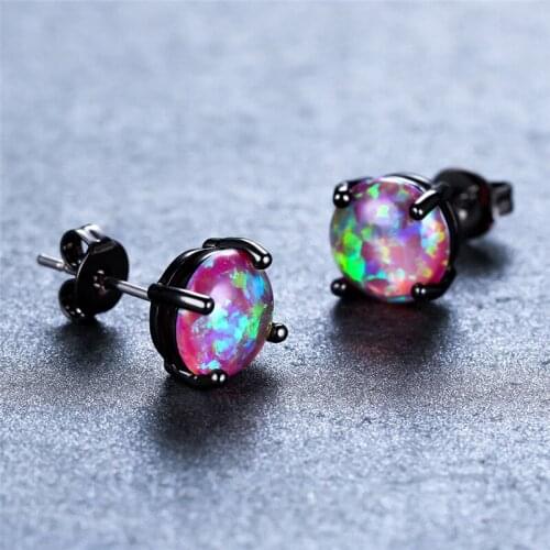 Female Antique Wedding Earrings 8MM Round Purple Opal Stone Earrings Vintage Black Gold Stud Earrings For Women Fashion Jewelry
