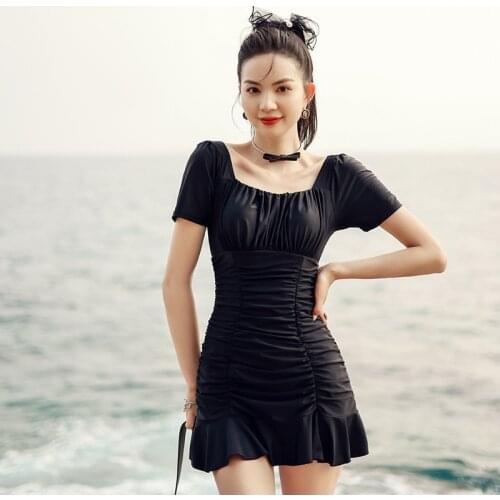 Bikini 2021 Women One Piece Swimsuit Beachwear Female New Cover Retro Lady French Korea Ins Beach Black Print Polyester Sierra