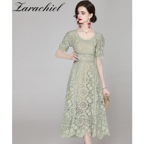 2021 Summer Runway Lace Dress Woman Vintage Green Crochet Floral Hollow Out Short Sleeve Midi Long Party Dresses Vestidos