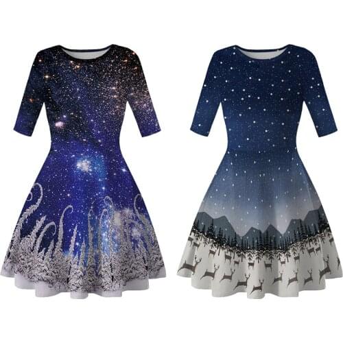 COLDKER woman casual dress half sleeves cloth galaxy print dress for female streetwear clothing ladies