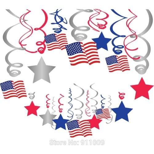 30pcs American National Flag Foil Spirals Fourth of July Party Decoration Independence Day PVC Ceiling Hanging Swirl Party Favor