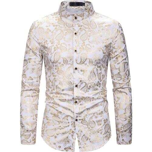 White Paisley Mandarin Collar Shirt Men 2021 Fashion Long Sleeve Button Up Shirt Mens Disco Party Nightclub Prom Shirts Camisas