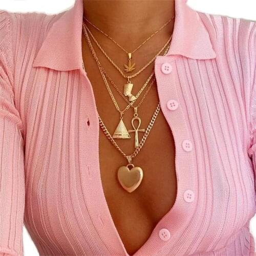 5 Pcs/Set Boho Cross Heart Flower Triangle Chain Gold Pendant Multilayer Necklace Set Female Charm Fashion Jewelry Accessories