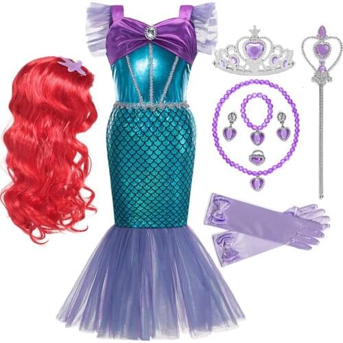 Girls Little Mermaid Ariel Fancy Dress Up Kids Halloween Princess Cosplay Costume Children Birthday Party Clothes Accessories