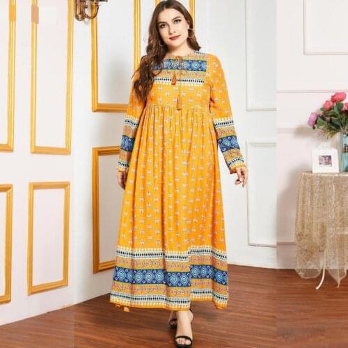 Women Abaya Dress Turkish Oversized Womens Yellow Printed Long Sleeve Waist Waist Floral Moroccan Kaftan Arabic Costume