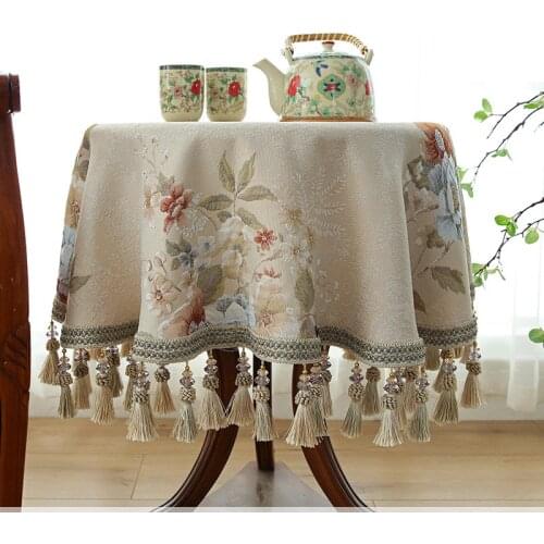 Elegant Floral Small Big Round Dining Table Cover with Tassels Beige Party Coffee Tablecloth for Round Table Decorative Jacquard