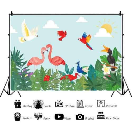 Birds Flamingo Parrot Children Backdrops Photography Blue Sky Kids Happy Birthday Party Photos Background for Shooting Decor