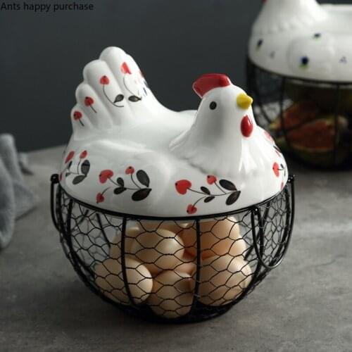 Ceramic Hen Cover Wrought Iron Storage Basket Household Portable Egg Fruit Basket Blue Flower Safflower Kitchen Storage Supplies