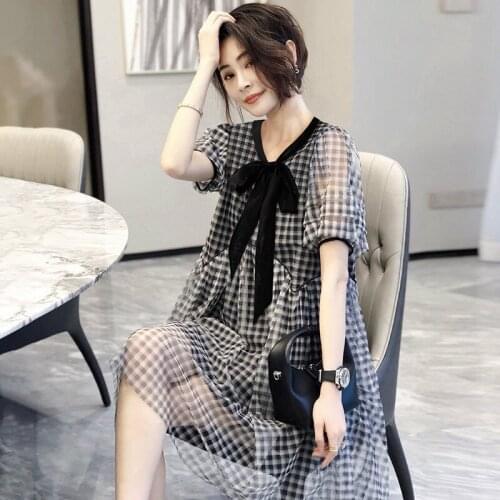 Korean Womens Dresses Casual Elegant Summer Light Dress Midi Vintage Plus Size Fashion 2021 Tunics Loose Chiffon Puff Sleeve