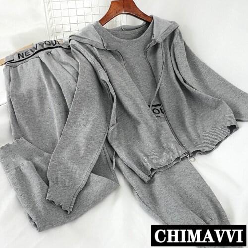 Korean New Spring Students Leisure Sports Suit Women Loose Hooded Coat + Tank Vest + Knitted Harem Pants Three-piece Set