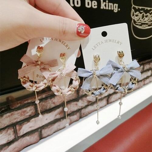 Colorful Silk Bow Pearl Earrings Dangle Drop Korean Elegant Long Tassel Rhinestone Satin Lady Earrings Ear Accessories Wholesale