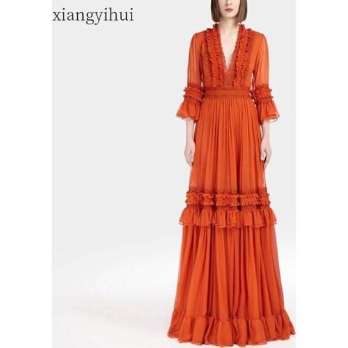 Fashion Orange Red Ruffles Party Dress Sexy Womens Depp V-neck High Waist Long Dresses Temperament Lace Spliced Dress Vestidos