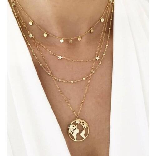 Fashion Gold Color Star Beads Globe Earth World Map Pendant Necklace Simple Layered Necklace Wanderlust Travel Necklaces Jewelry