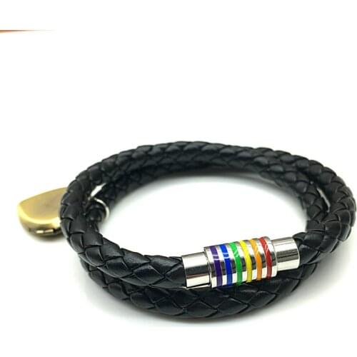 New fashion stainless steel Magnet Buckle Rainbow Leather Bracelet 2 Laps Heart pend PU Gay Bracelet Gold Steel Color S-154